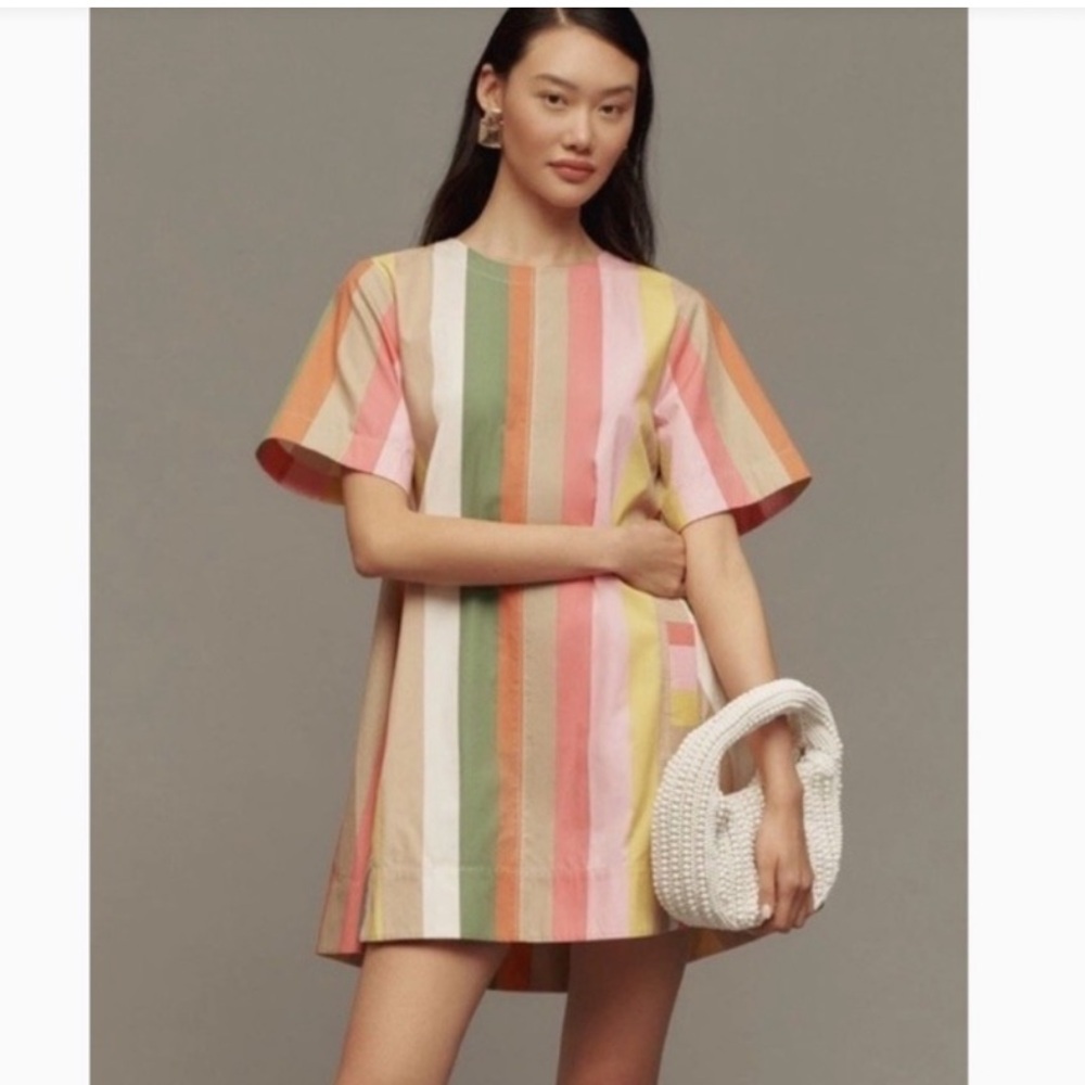 MAEVE The Emmy Short Sleeve Swing Dress multicolor striped cotton poplin